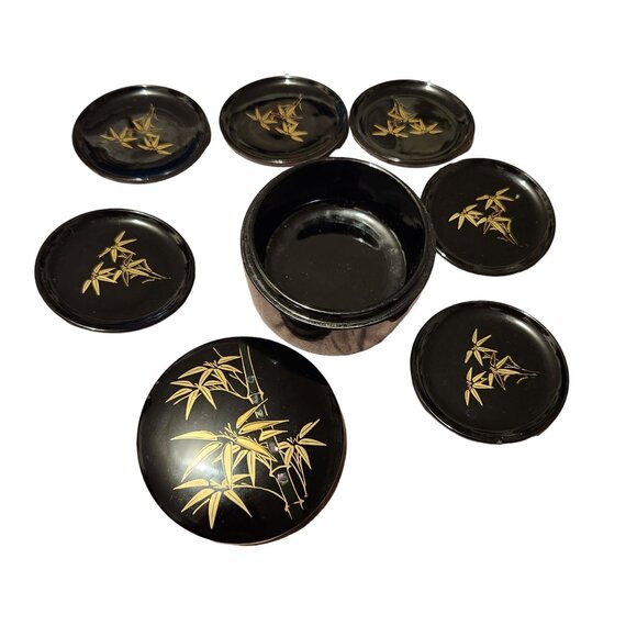 Vintage Japanese Lacquerware Coaster Set With Bamboo & Mother of Pearl Inlay - Picture 6 of 9